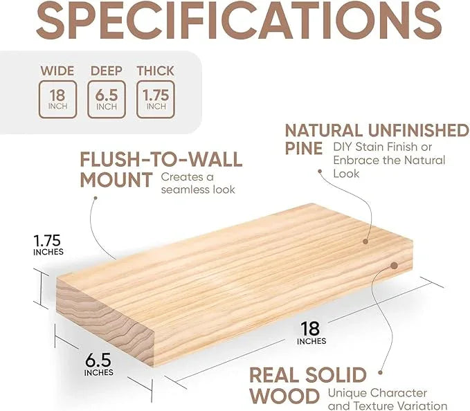 Homeforia 18 inch Wood Floating Shelves, High End Solid Natural Wood 18inch Floating Shelf for Wall Mounted, Unfinished Wooden 18in Floating Shelves, Heavy Duty Bracket, 18 X 6.5 X 1.75 inch, Set of 2 - ModernBath