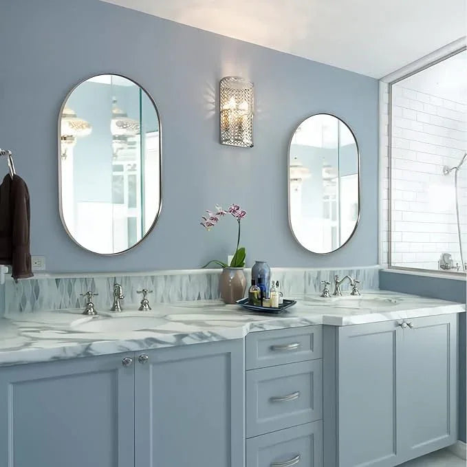 ANDY STAR Brushed Nickel Oval Bathroom Mirror, 20x33 inch Pill-Shaped Mirror for Wall HD Reflection Metal Frame Mirror for Bathroom Hang Vertical or Horizontal - ModernBath