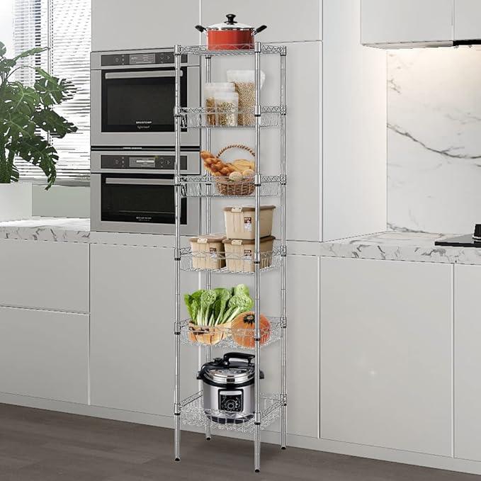 BNSPLY 6 Tier Wire Shelving Unit with Baskets Shelving, Height Adjustable Wire Shelves, Metal Storage Rack for Kitchen, Bathroom, Laundry Closet (13.5" D x 13.5" W x 63" H, Silver) - ModernBath