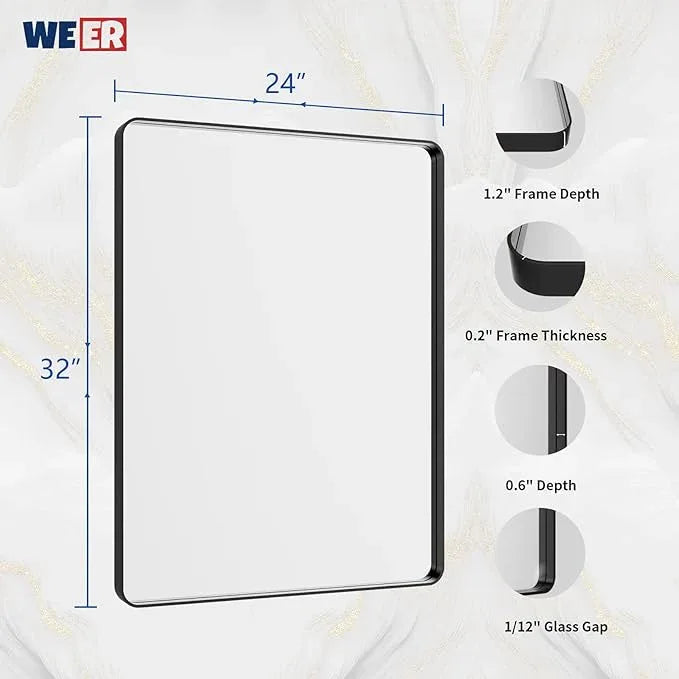 WEER Black Bathroom Mirror 24X32 Inch, Rectangular Black Metal Frame Mirror, Matte Black Bathroom Vanity Mirror with Tempered Glass, Rounded Corner, Anti-Rust (Horizontal/Vertical) - ModernBath
