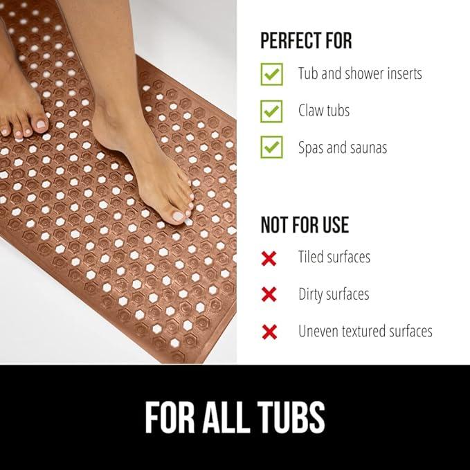 GORILLA GRIP Patented Bath Tub Shower Mat, Machine Washable Bathtub Floor Liner Mats, Suction Cups and Drain Holes to Keep Tubs Clean, Soft on Feet, Bathroom Essentials, 35x16 Inch, Brown - ModernBath