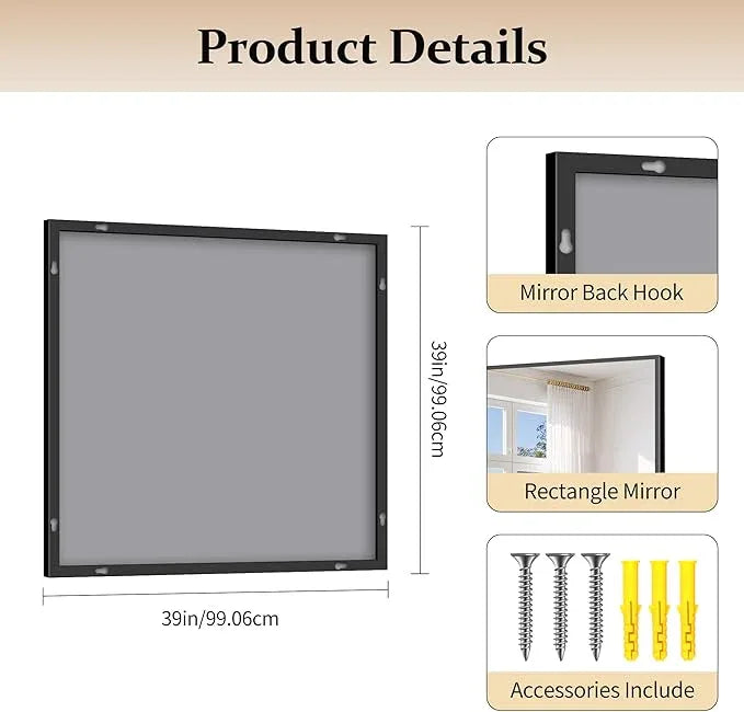 COFENY Black Bathroom Mirror for Wall, 39x39 Inch Rectangle Mirror with Metal Frame, Square Modern Vanity Mirrors for Bathroom Living Room, Entryway Hangs Horizontal or Vertical - ModernBath