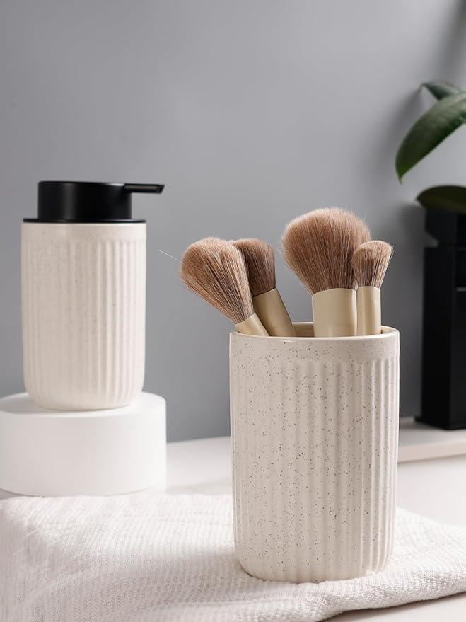 Bosilunlife Soap Dispenser and Toothbrush Holder Set - Dish Hand Soap Dispenser Bathroom Set Ceramic Bathroom Counter Soap Toothbrush Holder Set Beige Bathroom Accessories Set - ModernBath