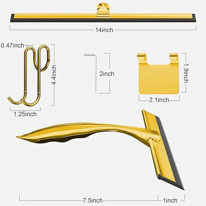 TOOVEM 14 Inch Shower Squeegee for Glass Doors, Window, Bathroom, Car Windshield, Shower Cleaning Tools with S Hook, Square Sticky Hook (Gold) - ModernBath