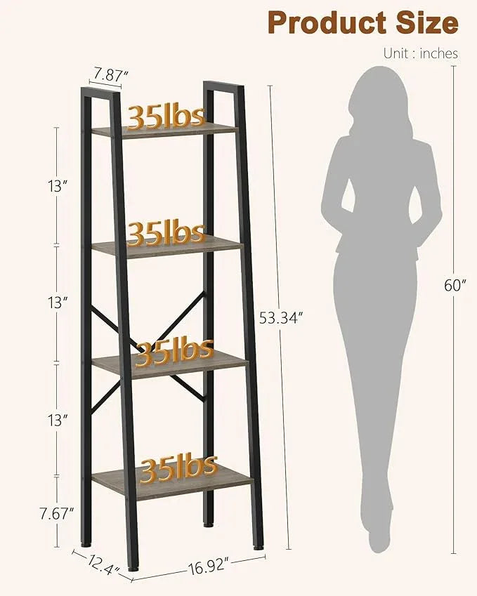 Hoctieon 4-Tier Industrial Ladder Bookshelf, Narrow Ladder Shelf, Tall Standing Bookshelf, Skinny Open Ladder Shelf, for Living Room, Home Office, Kitchen, Bedroom, Metal Frame, Greige - ModernBath
