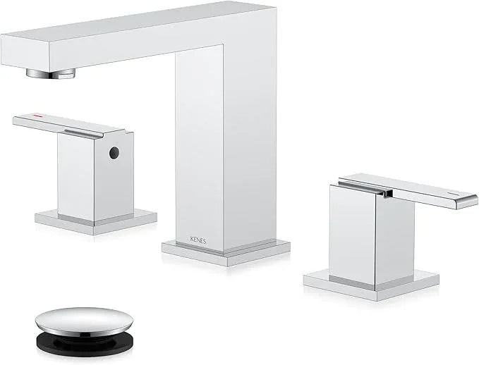 KENES Polished Chrome Widespread Bathroom Faucet 2 Handle Bathroom Sink Faucet 3 Hole, 8-Inch 3 Pieces Vanity Faucet with Pop Up Drain & Supply Lines, KE-9050-5-P - ModernBath