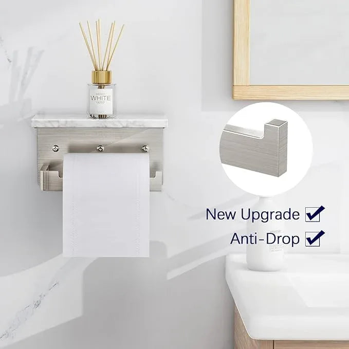Toilet Paper Holder with Shelf, Extended Base Wall Mounted, Marble Toilet Roll Holder Brushed Nickel for Bathroom Washroom - ModernBath