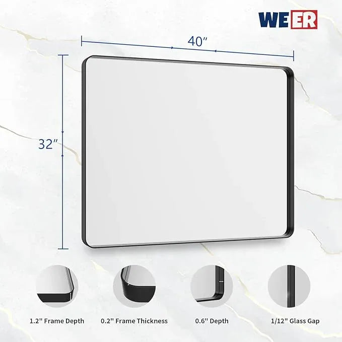 WEER Black Framed Mirror for Bathroom, 40x32 Inch Matte Black Bathroom Vanity Mirror, Rectangular Black Metal Framed Wall Mirror with Tempered Glass, Rounded Corner, Anti-Rust (Horizontal/Vertical) - ModernBath
