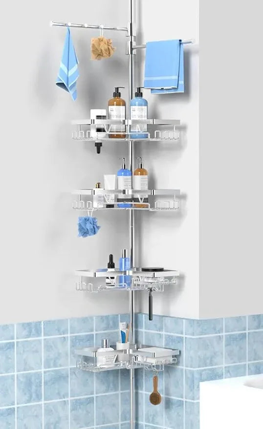 KEGII Bronze Shower Caddy Tension Pole with 2 Towel Bars, Adjustable Corner Bathroom Organizer, Rustproof Bathtub Storage Shelves for Shampoo, 25–114.2 Inch Shower Corner Rack for Renters & Family - ModernBath