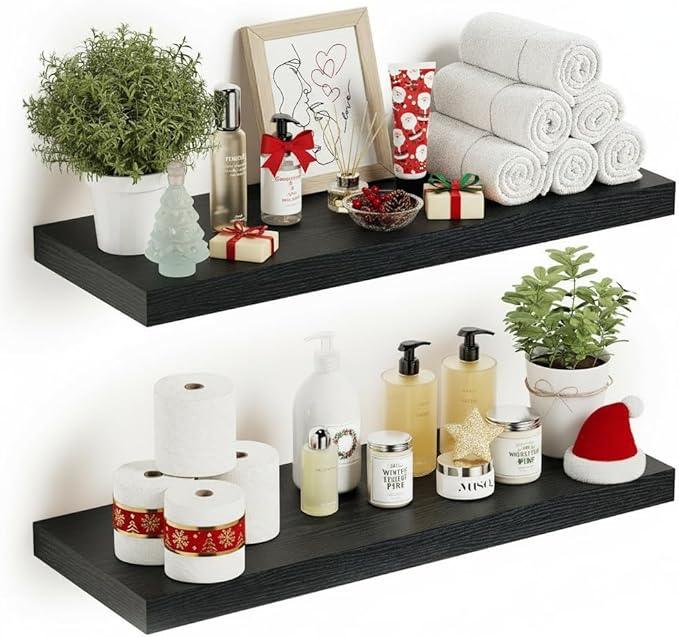 Vivelove Black Floating Shelves for Wall Mounted, 24 inchs x 9.1” Deep x 1.6” Thick Wall Shelves for Bedroom, Living Room, Bathroom，Kitchen, Office, Home Decor Shelf with Invisible Bracket - Set of 2 - ModernBath