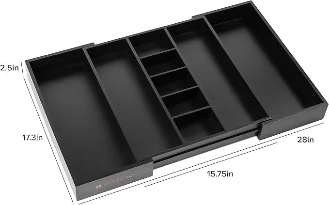 KitchenEdge Adjustable Kitchen Drawer Organizer for Utensils and Junk, Food-Safe Contract Grade with 100% Sustainable Wood, Expandable from 16 to 28 Inches Wide - Black Bamboo - ModernBath