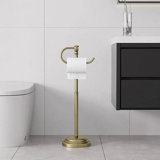 RUMOSE Toilet Paper Holder Stand for Floor,Antique Brass Adjustable (12.4" to 22.8") Bathroom Toilet Tissue Holder, Free Standing Paper Roll Holder with Storage, Stainless Steel - ModernBath