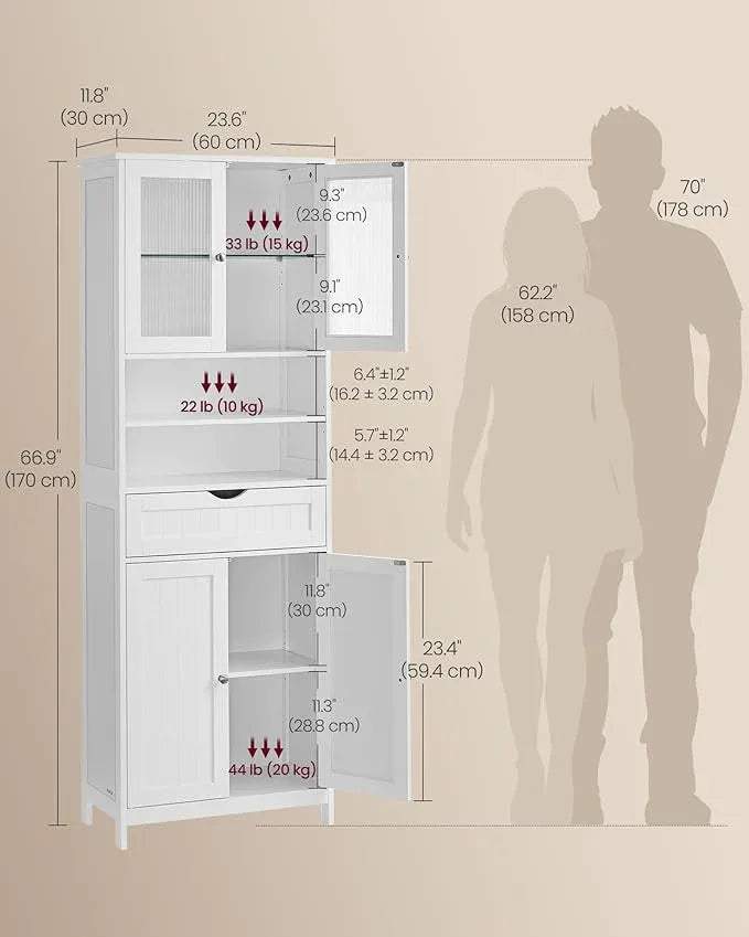 VASAGLE Storage Cabinet with LED Lights, Freestanding Storage Unit with Adjustable Shelves, Drawer, Open Compartments, for Bathroom, Living Room, Kitchen, Cloud White UBBC767WH01S - ModernBath