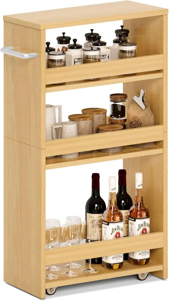 MARTY Rolling Storage Cart 7.9" W, 4-Tier Kitchen Cart with Wheels Handle, Slim Storage Cart Mobile Shelving Utility Carts for Bathroom Laundry Room Organization Narrow Places (Maple) - ModernBath