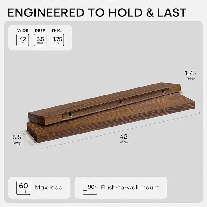 Homeforia Classic Walnut 42 inch Floating Shelf, High End Solid Real Wood Small 42inch Floating Shelves for Wall Mounted, 42in Floating Shelves, Heavy Duty Bracket, 42 X 6.5 X 1.75 inches, Set of 3 - ModernBath