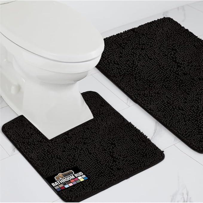 GORILLA GRIP Bathroom Rug Sets, Soft Chenille 2 Piece Area Rugs Set, Toilet Base Mat and 30x20 Carpet, Absorbent Microfiber Washable Mats Dry Quickly, Home Décor and Bath Room Accessories, Black - ModernBath