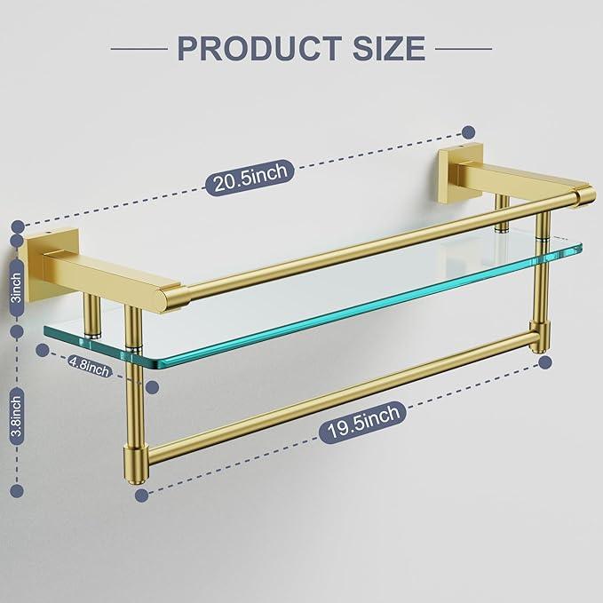 Bathroom Glass Shelf with Towel Rack Organizer Wall-Mounted Bathroom Storage SUS304 Stainless Steel Track Wall-Mounted Tempered Glass Stainless Steel Shelf (Brushed Gold, 20-inch) - ModernBath