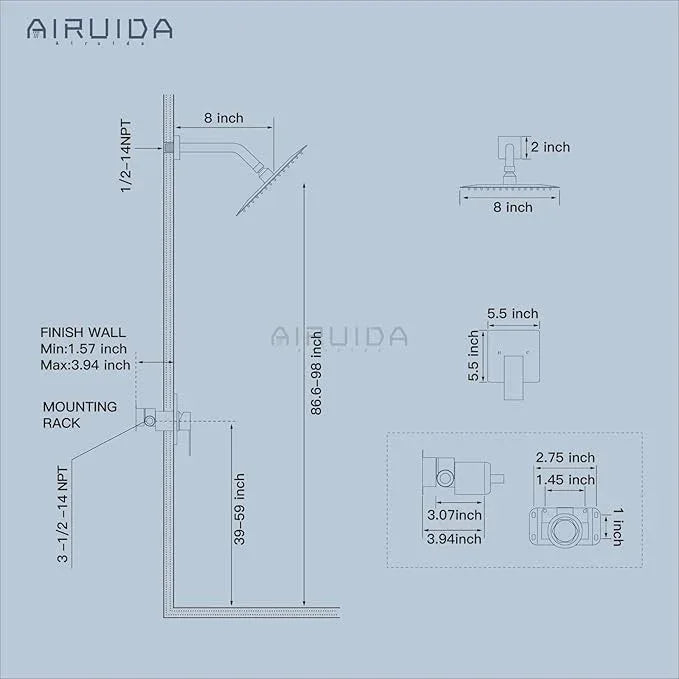 Airuida Shower Faucet Set Bathroom Rain Shower System 8 Inch Square Showerhead Single Function 1 Handle Trim Kit with Female Thread Rough-in Valve Cover Plate with H and C Labels Chrome Polish - ModernBath