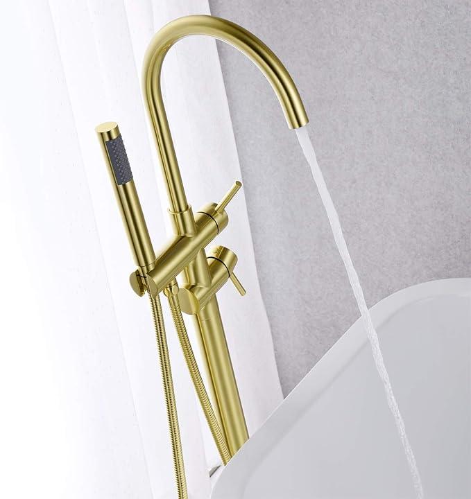 Freestanding Tub Filler Bathtub Faucet Brushed Gold Floor Mounted Brass Faucets with Handheld Shower - ModernBath