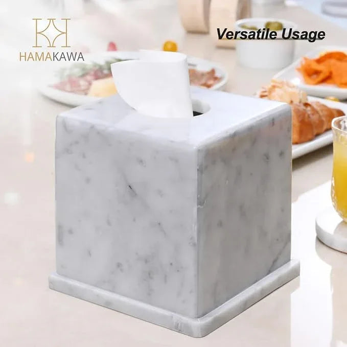 HAMAKAWA Natural Marble Tissue Box Cover, Carrara White Tissue Organizer 6 X 6 X 5.7 Inch, Heavy Stone Decorative Box, Square Tissue Box Holder for Home Decor, Kitchen, Bathroom, Bedroom - ModernBath