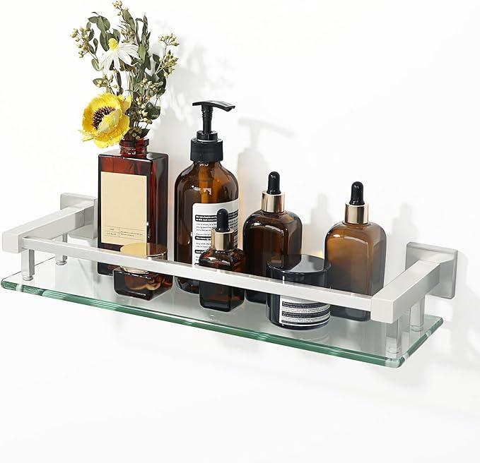 Alise Bathroom Glass Shelf with Stainless Steel Railing, Brushed Nickel Small Tempered Glass Floating Wall Shelf Over The Toilet, 16 inch - ModernBath
