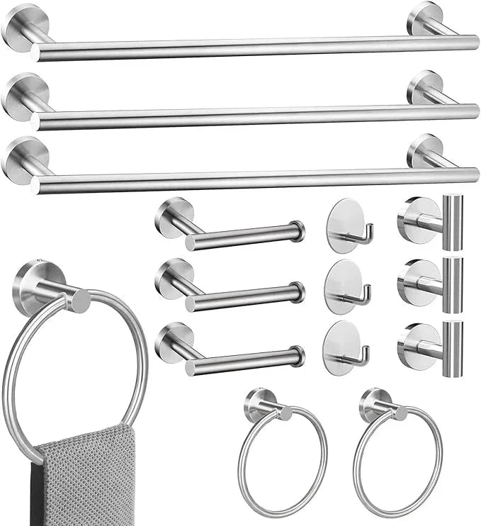 15sets 24inch Brushed Nickel Bathroom Hardware Set, Include 3PCS 24inch Towel Bar, 6PCS Robe Hook, 3PCS Towel Ring, 3PCS Toilet Paper Holder - ModernBath