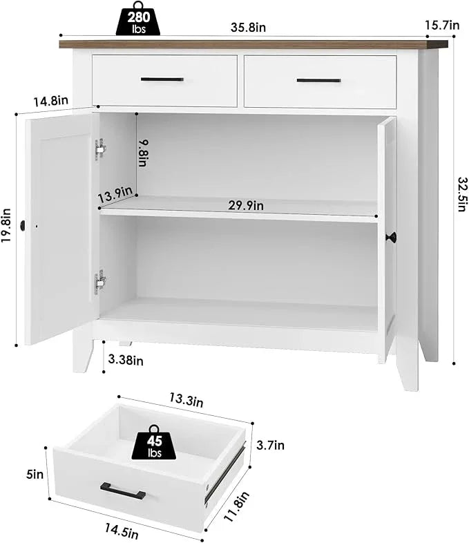 HORSTORS Kitchen Storage Cabinet, Modern Farmhouse Buffet Cabinet with Storage, Coffee Bar with 2 Drawers and 2 Doors, Floor Sideboard Buffet for Living Room, Dining Room, Bathroom, Ivory White - ModernBath