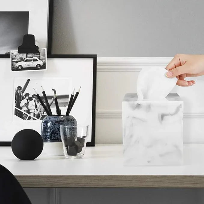 Luxspire Resin Paper Tissue Box Cover Holder, Square Facial Tissue Case, Pumping Paper Roll Toilet Paper Holder Napkin Dispenser for Office Bedroom Car Bathroom Vanity Accessories Decor, Marble White - ModernBath