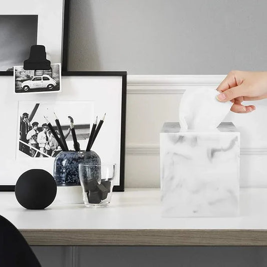 Luxspire Resin Paper Tissue Box Cover Holder, Square Facial Tissue Case, Pumping Paper Roll Toilet Paper Holder Napkin Dispenser for Office Bedroom Car Bathroom Vanity Accessories Decor, Marble White - ModernBath