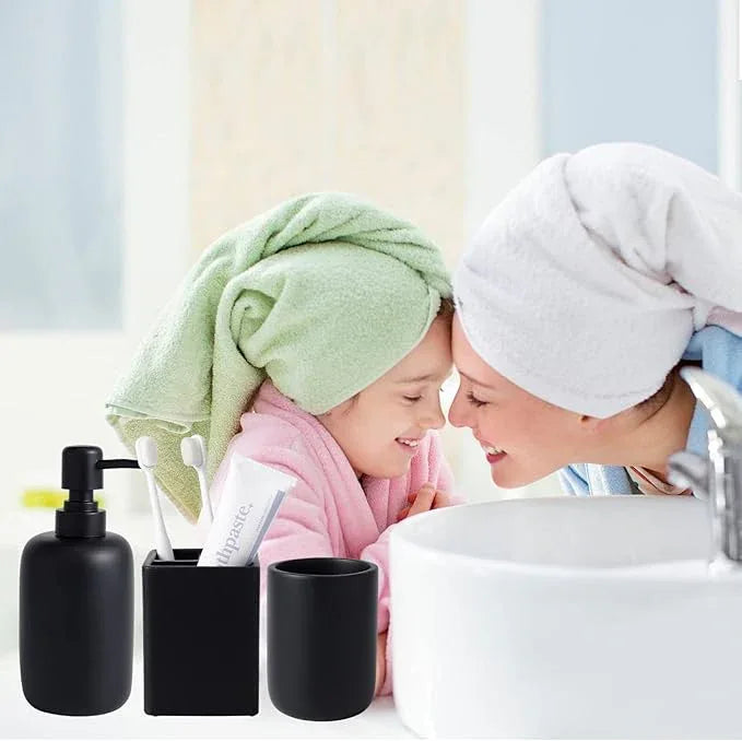 Resin Matte Black Bathroom Accessories Set of 5, Lotion Soap Dispenser, Bathroom Organizer Accessory, Toothbrush Holder, Self Draining Soap Dish and Bathroom Tumbler for Modern Home Decor - ModernBath