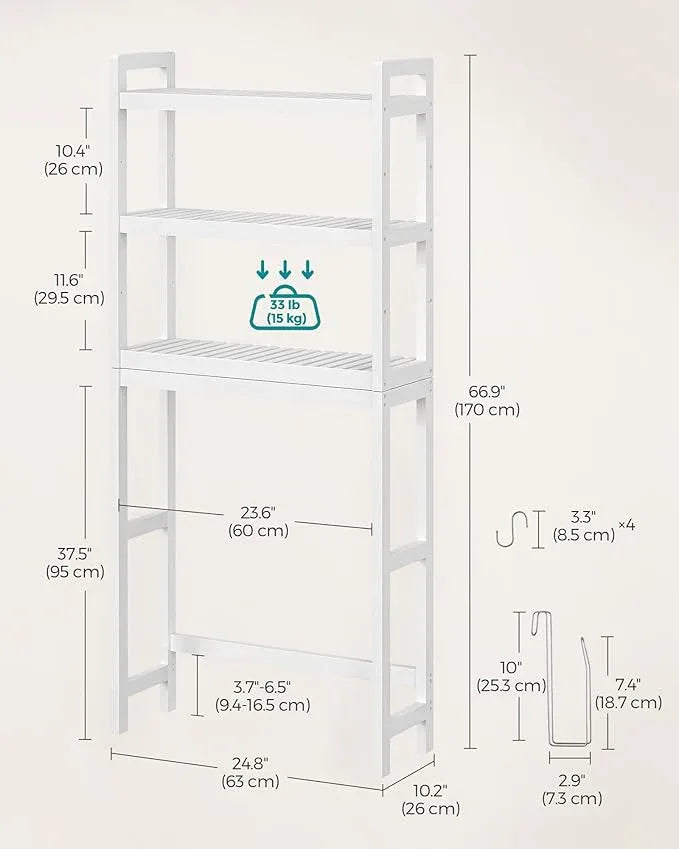 SONGMICS Over The Toilet Storage, 3-Tier Over Toilet Bathroom Organizer with Adjustable Shelf, 10.2 x 24.8 x 66.9 Inches, Space-Saving, Cloud White UBTS01WT - ModernBath