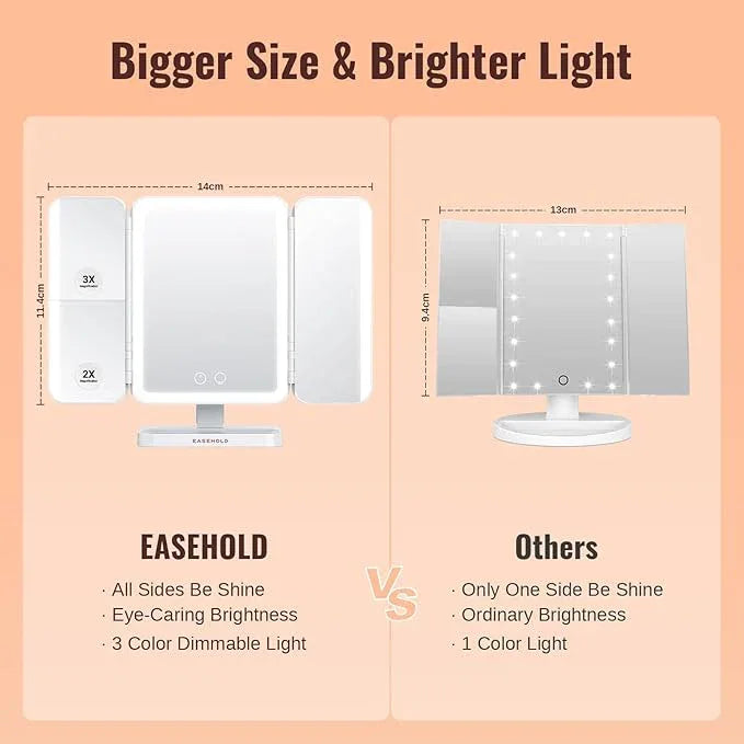 EASEHOLD Lighted Makeup Mirror with Magnification, Makeup Mirror with ligths, 2X 3X 10X Magnifying, Rechargable LED Mirror with 3 Colors Lights for Makeup Desk, Gifts for Women - ModernBath