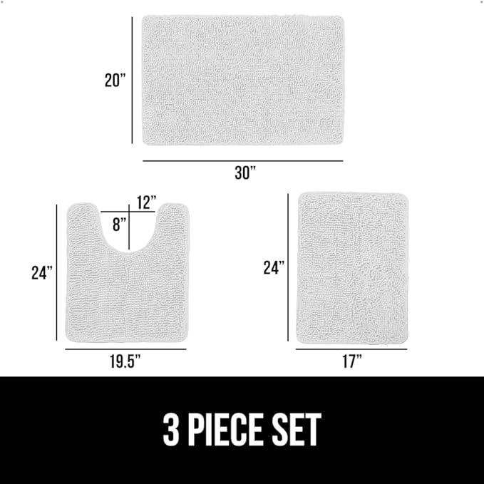 GORILLA GRIP Bathroom Rug Sets 3 Piece, Bath Mat Set and Oval Toilet Base with Rubber Backing, Plush Absorbent Shaggy Chenille Washable Mats, Includes 24x19.5, 24x17 and 30x20 Inch Rugs, White - ModernBath