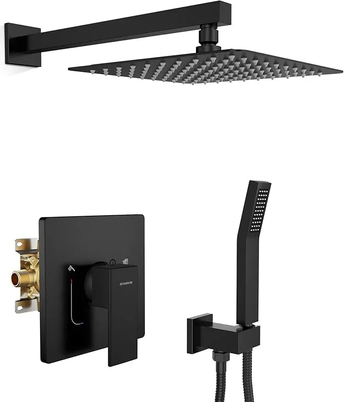 SR SUN RISE Shower System Bathroom 10 Inch Rainfall Shower Head & Handle Set Wall Mounted Rain Shower Faucet Set Matte Black - ModernBath