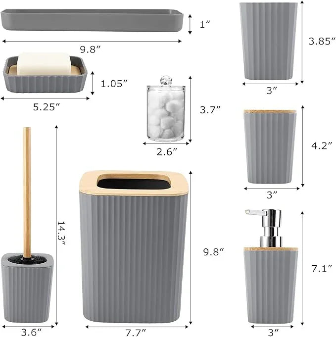 XLHOMO Grey Bathroom Accessories Set, 9 Piece Gray Bathroom Set, Bathroom Accessory Sets Compelete with Trash Can, Toothbrush Holder, Cup, Lotion Dispenser, Tray, Soap Dish, Toilet Brush, Qtip Holders - ModernBath