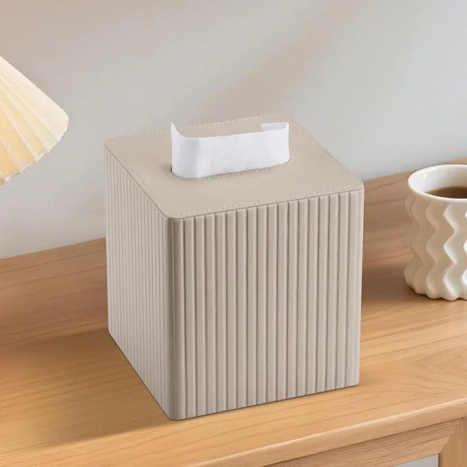 KINGFOM Tissue Box Cover, PU Leather Square Tissue Box Holder for Kleenexs with Magnetic Bottom Cover for Facial Tissues/Napkins, Office & Living Room Decor Box (Beige Strips) - ModernBath