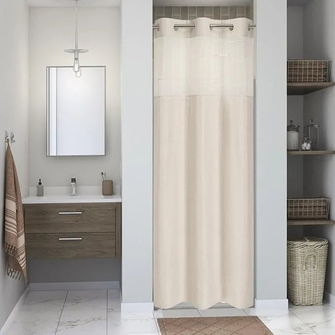eachope Stall No Hooks Needed Linen Textured Shower Curtain with Snap-in Fabric Liner Set,Hotel Luxury Decor Shower Curtains for Bathroom with Mesh Top Window,Waterproof & Washable,36Wx74H,Cream - ModernBath