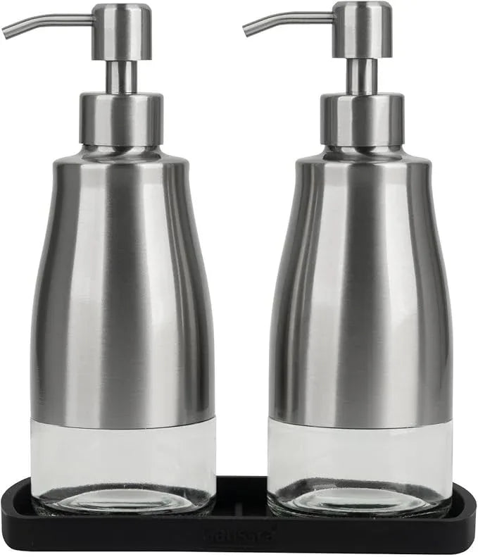 Gaussra Kitchen Soap Dispenser Set with Silicone Tray and Stickers - Brushed Nickel, Stainless Steel Glass Soap Dispenser Bathroom, Refillable Hand Dish Dispenser for Kitchen Sink - ModernBath