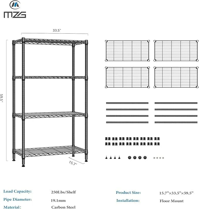 1000 lbs 4 Tier Shelf Metal Storage Shelves Shelving Wire Rack Heavy Duty Closet Organizers for Garage Kitchen Bathroom Laundry Black 15.7" D x 33.5" W x 59.5" H - ModernBath