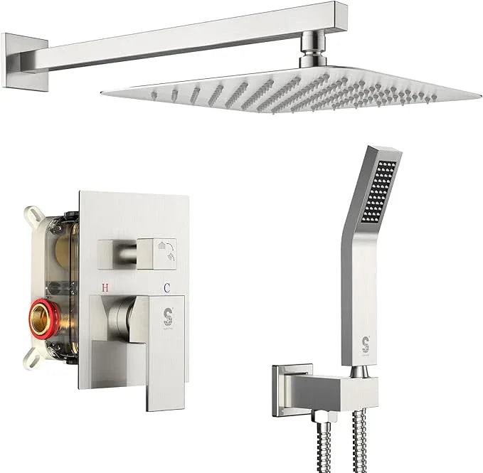 SR SUN RISE 12 Inches Bathroom Luxury Rain Mixer Shower Combo Set Wall Mounted Rainfall Shower Head System Brushed Nickel Finish Shower Faucet Rough-In - ModernBath