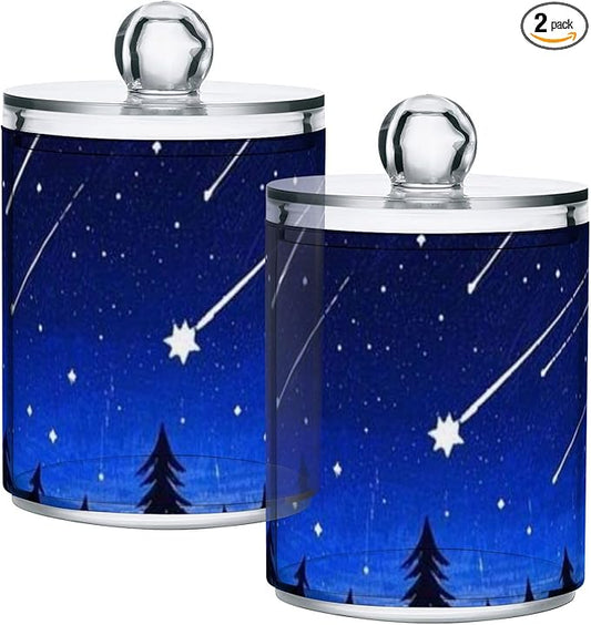Tatenale Qtip Holder Bathroom Set Q tip Cotton Ball Swab Pad Dispenser Container Organizer Plastic Jars with Lids Storage 2Pack Meteor Pine Deep Blue