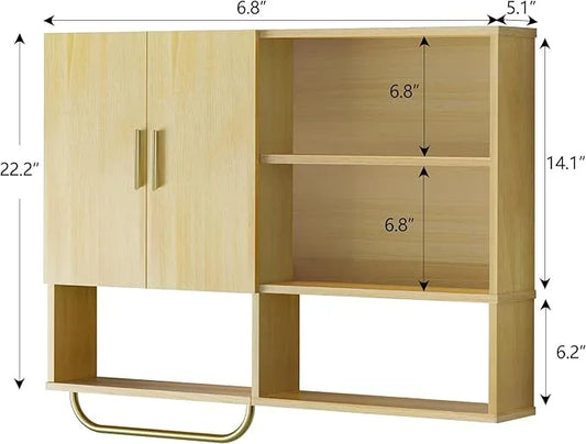 Bathroom Wall Cabinet Wood Large Wall Mounted Medicine Cabinet with 2 Doors and 4 Open Shelves Over Toilet Storage Cabinet Organizer with Towel Bar,Wood - ModernBath