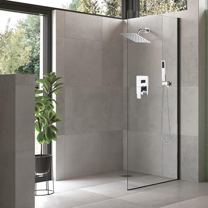 Heable Chrome Shower System with High Pressure 8'' Rainfall Shower Head, Handheld Shower head, Bathroom Luxury Rain Mixer Shower Combo Set Wall Mounted Shower Faucet Rough-in Valve and Trim Kit - ModernBath