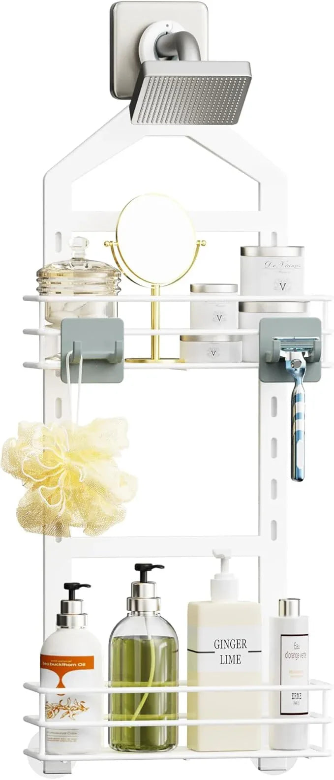 Orimade Adjustable Anti-slip Shower Caddy over Shower Head, Rustproof Bathroom Hanging Shower Organizer with 2 Hooks for Razor, No Drilling Shelves Storage Rack 2 Tier, White - ModernBath