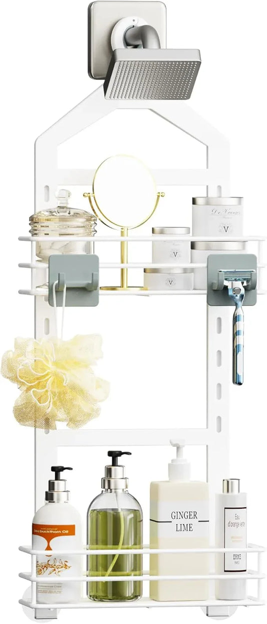 Orimade Adjustable Anti-slip Shower Caddy over Shower Head, Rustproof Bathroom Hanging Shower Organizer with 2 Hooks for Razor, No Drilling Shelves Storage Rack 2 Tier, White - ModernBath