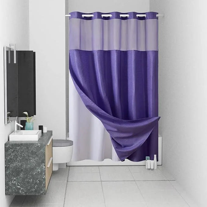Furlinic Purple Small Stall No Hook Shower Curtain with Snap in Liner,Waffle Weave Heavy Duty Fabric Waterproof Bathroom Curtains,Washable Shower Curtain Set with See Through Window 36x72 Inch - ModernBath
