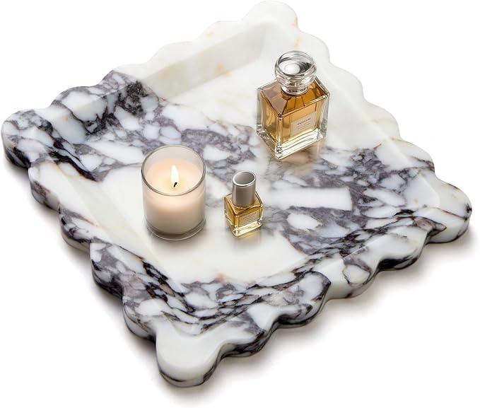 SAMAH Calacatta Viola Natural Marble Tray, Scalloped Storage Dish, Luxury Decorative Trays for Bathroom, Vanity, Dresser, Kitchen & Home Decor, House Warming Gifts New Home (Square,8 Inch) - ModernBath