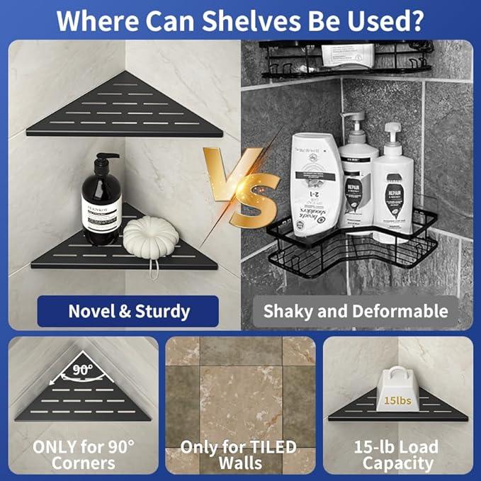 Corner Shower Shelf 10" Matte Black 304 Stainless Steel Slot Design Recessed Corner Shelves, Grout in Bathroom Shower Shelf for Tiled Wall, 2 Pack - ModernBath