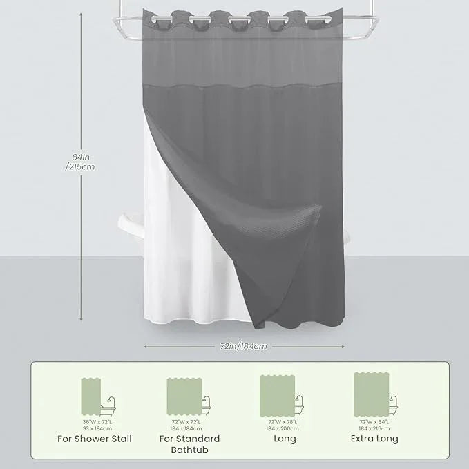 Inhousolu Extra Long No Hook Shower Curtain with Snap in Fabric Liner Set Waffle Weave 230GSM Weighted Hem, Waterproof & Washable Bathroom Curtain Spa Luxury with Mesh Top Window 72" W x 84" L Grey - ModernBath