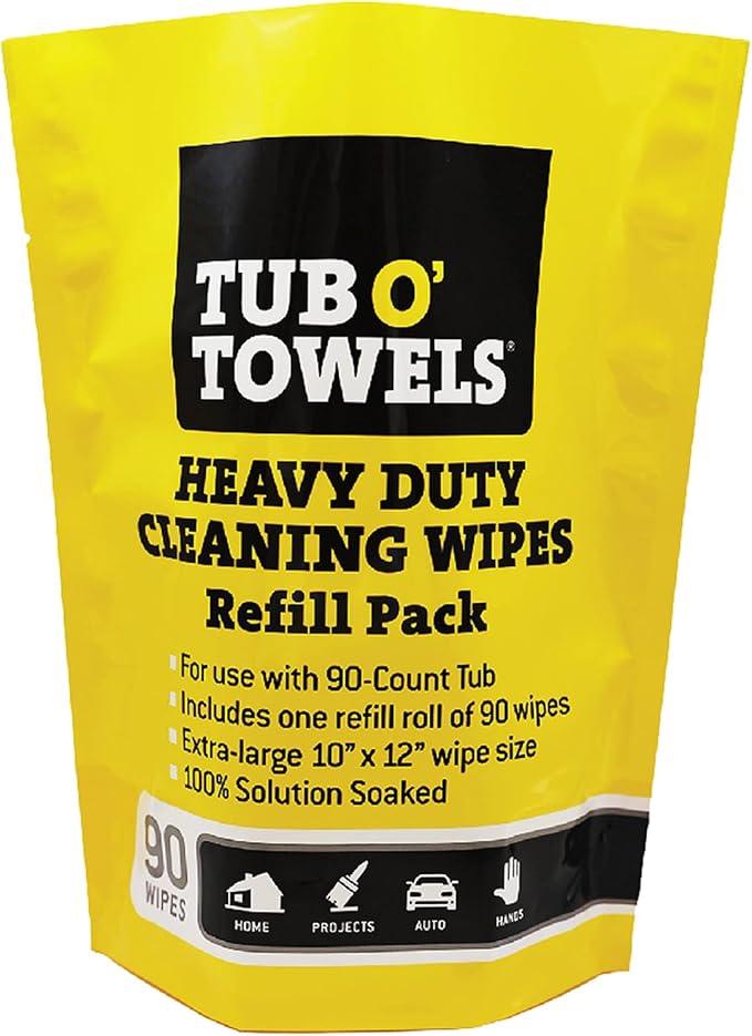 Tub O' Towels Heavy-Duty Cleaning Wipes Refill Pack, Fits 90-Count Canister, Extra-Large 10" x 12" Multi-Surface Wipes for Grease, Grime, and Tough Stains, Convenient Refill for Home, Auto, and More - ModernBath